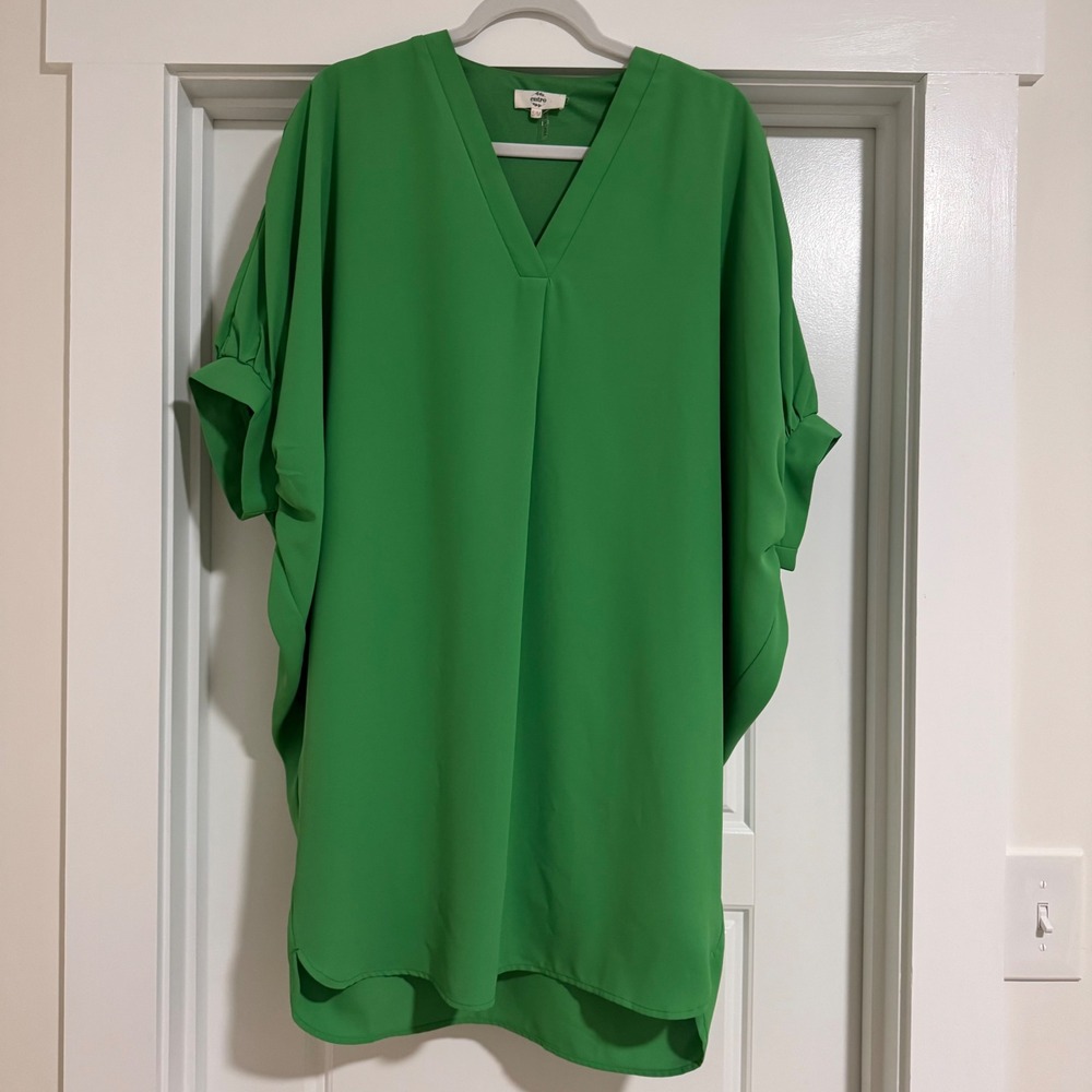 Entro Green V-Neck Dolman Sleeve Lined Tunic Dress Top D20571 SM